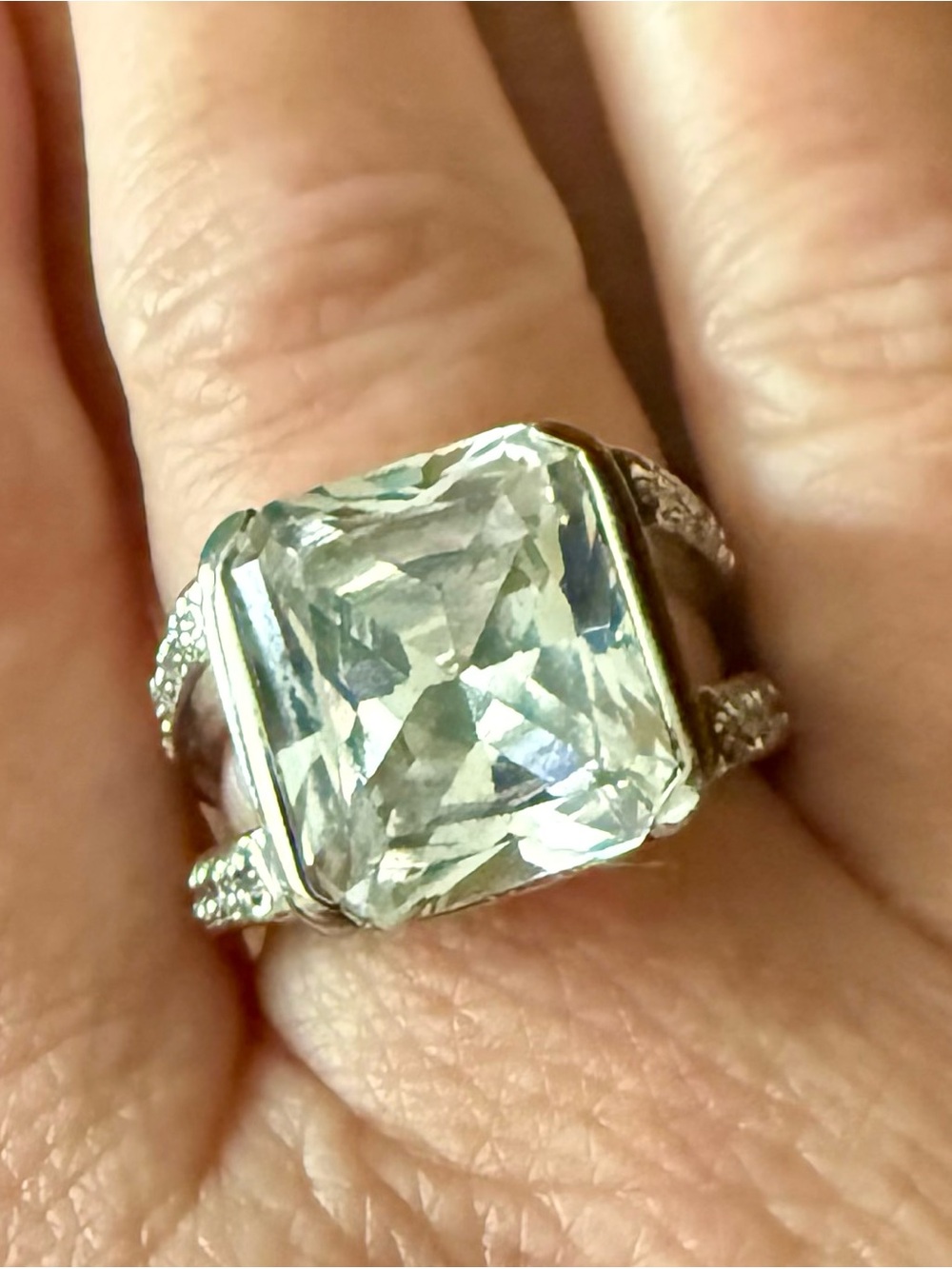 Sterling Silver Large Clear CZ Cocktail Ring Split Shank Statement Ring Size 6.5
